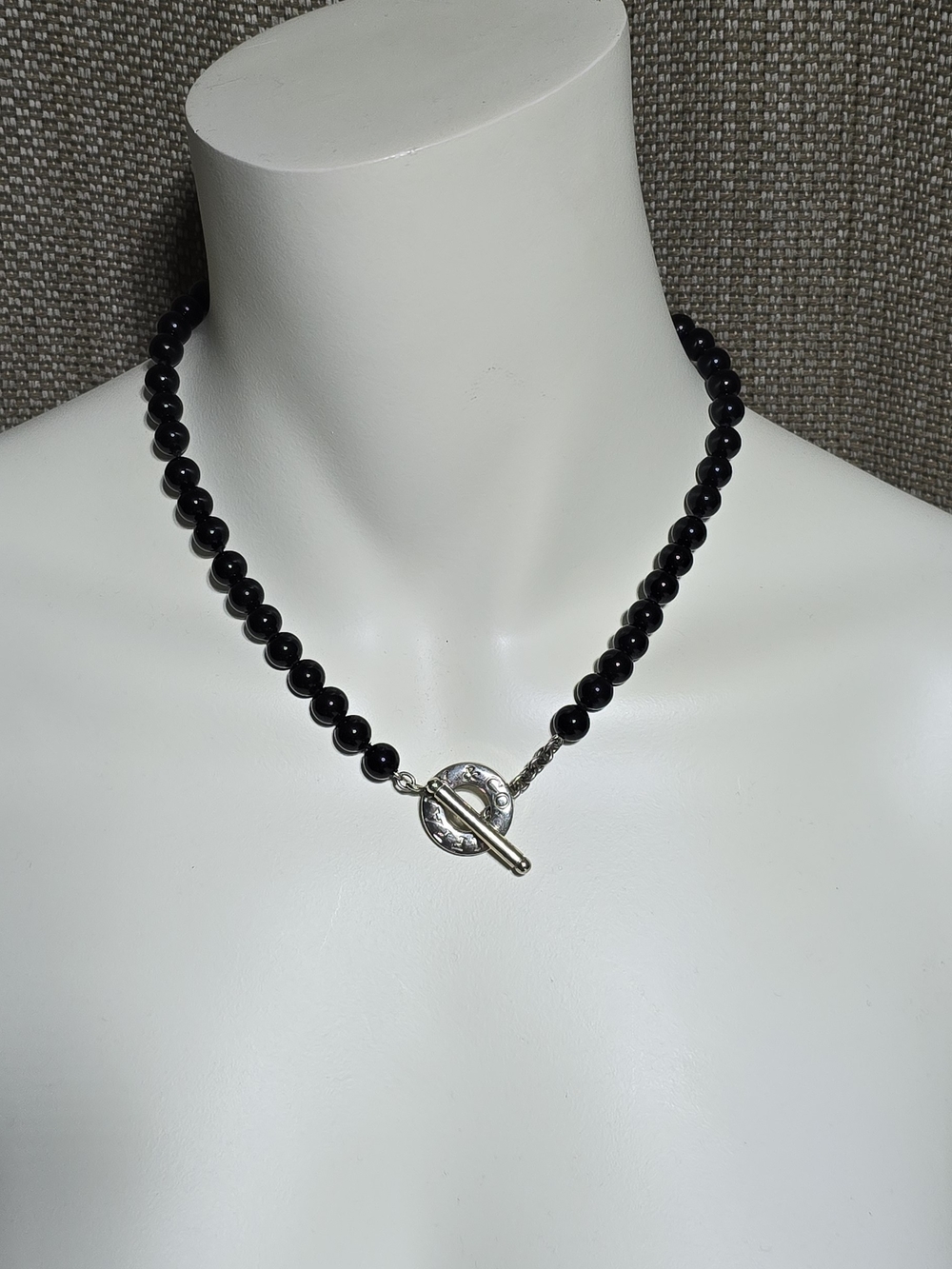 Tiffany & Co. Black Onyx Bead Sterling Silver Toggle Necklace 18" Vintage
